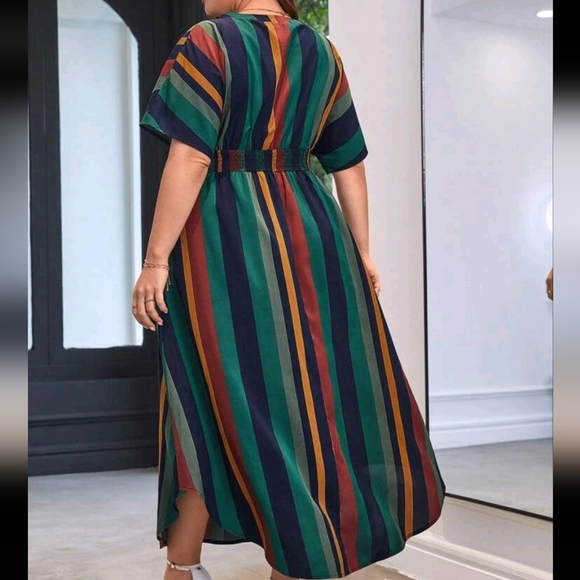 Plus Size Stripe Print Short Batwing Sleeve Pocket Maxi Dress Green - Picture 2 of 6